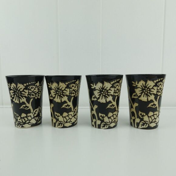 Asian Black and Beige 5pc Ceramic Tea Set Floral Design Bamboo Handle - Picture 8 of 14